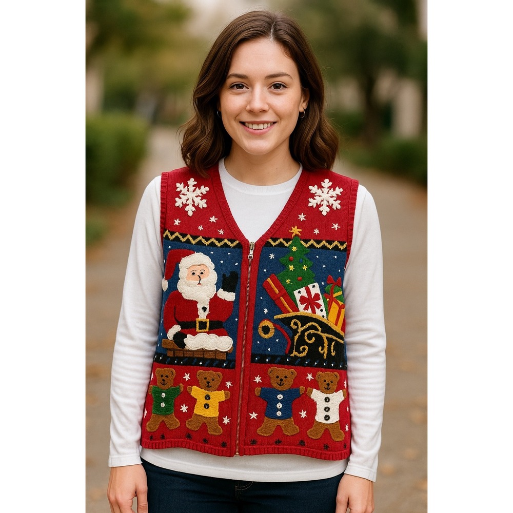 Designer Studio Red Christmas Knitted Full Zip Vest Womens Size S Santa‎ & Bears